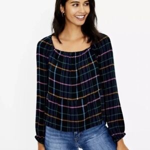 LOFT | Black Colorful Plaid Square Neck Peplum Blouse Size Medium Long Sleeve